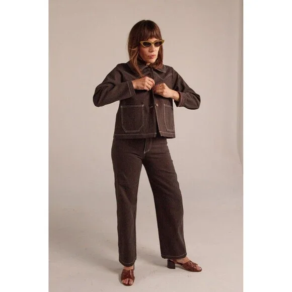 JEM! Brown & Navy Railroad Striped Shrunken Ranch Jacket - Size S - 0312IG - Picture 1 of 4